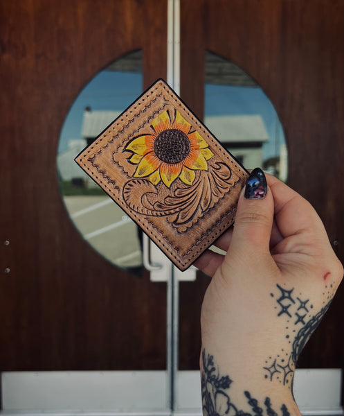 Tooled Sunflower & Cowhide Card Holder