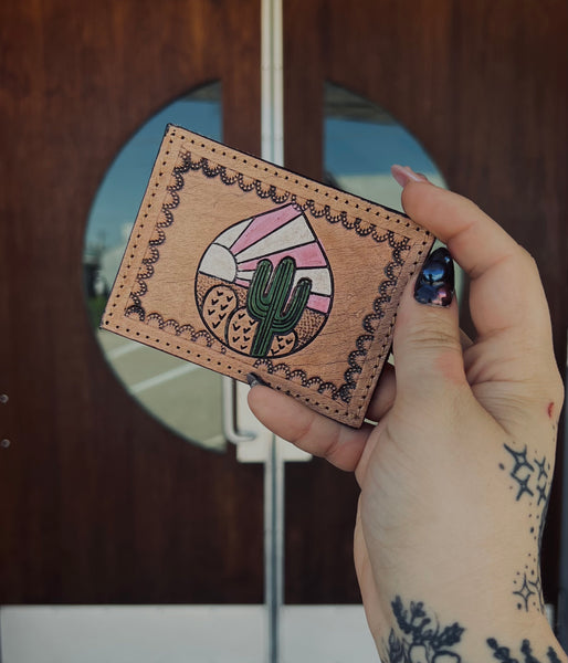 Sunrise & Cactus Tooled Leather Card Holder
