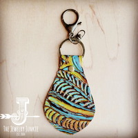 Embossed leather keychain- Turquoise Mustard