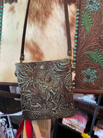 Small crossbody handbag with turquoise brown tooled leather