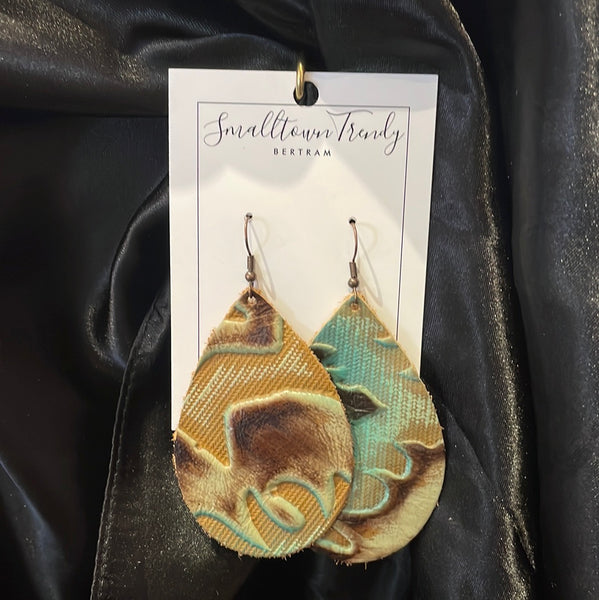 Leather Teardrop Earrings-Turquoise Sahara Laredo