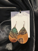 Leather Teardrop Earrings Embossed Tan/Turquoise Feather